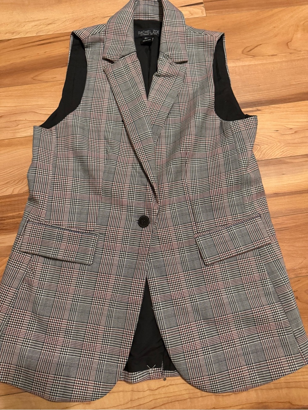 Rachel Zoe Black and Gray Plaid Tailored Sleeveless Blazer